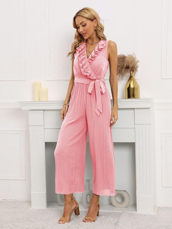 Noelia Women Solid Ruffle Rim Waist Tie Jumpsuits - Vestir en Moda