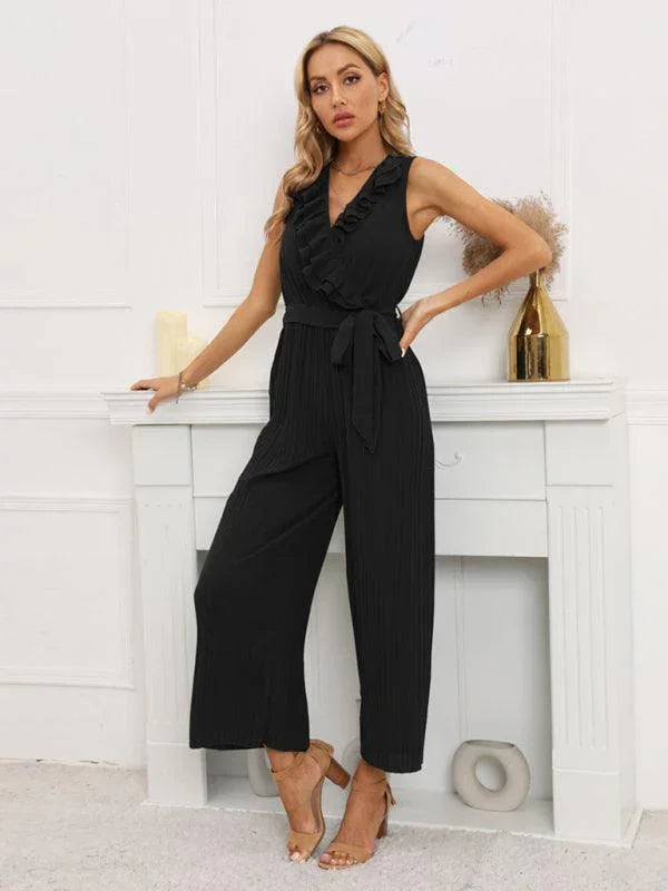 Noelia Women Solid Ruffle Rim Waist Tie Jumpsuits - Vestir en Moda