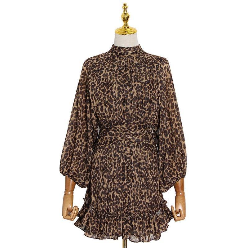 Nylah Elegant Stand-Up Collar Puff Sleeve Leopard Print Waist-Tight Dress - Vestir en Moda