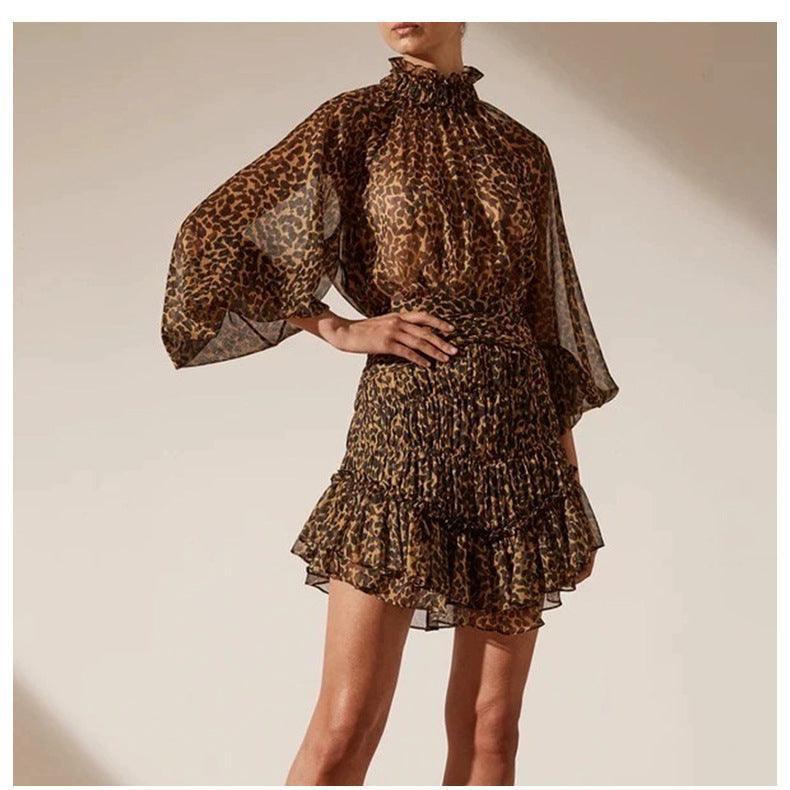 Nylah Elegant Stand-Up Collar Puff Sleeve Leopard Print Waist-Tight Dress - Vestir en Moda