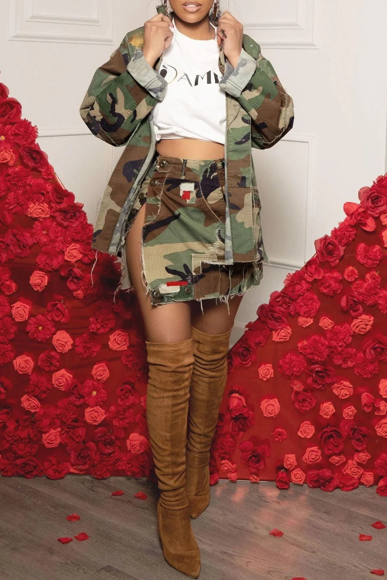 Octavia Pocket Split Full Open Camouflage Patch Wrapped Skirt - Vestir en Moda