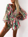 Ofelia Women Tropical Print Faux Wrap Puff Sleeve Rompers - Vestir en Moda