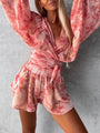 Ofelia Women Tropical Print Faux Wrap Puff Sleeve Rompers - Vestir en Moda