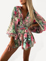 Ofelia Women Tropical Print Faux Wrap Puff Sleeve Rompers - Vestir en Moda