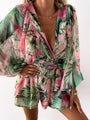 Ofelia Women Tropical Print Faux Wrap Puff Sleeve Rompers - Vestir en Moda