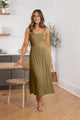 Olive Scoop Neck Pleated Tank Midi Dress