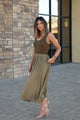 Olive Scoop Neck Pleated Tank Midi Dress