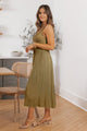 Olive Scoop Neck Pleated Tank Midi Dress