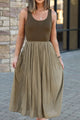 Olive Scoop Neck Pleated Tank Midi Dress
