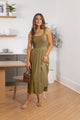 Olive Scoop Neck Pleated Tank Midi Dress