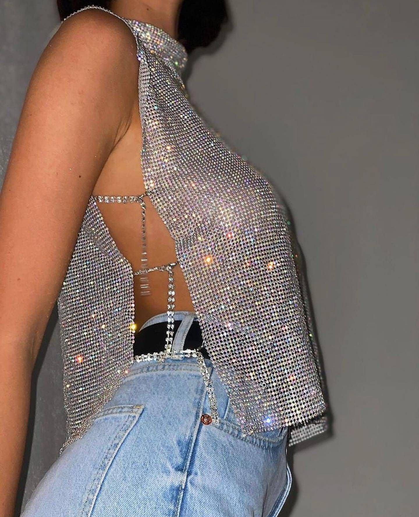 Olivia Diamond Vest Luxury Turtleneck Rhinestone Top - Vestir en Moda