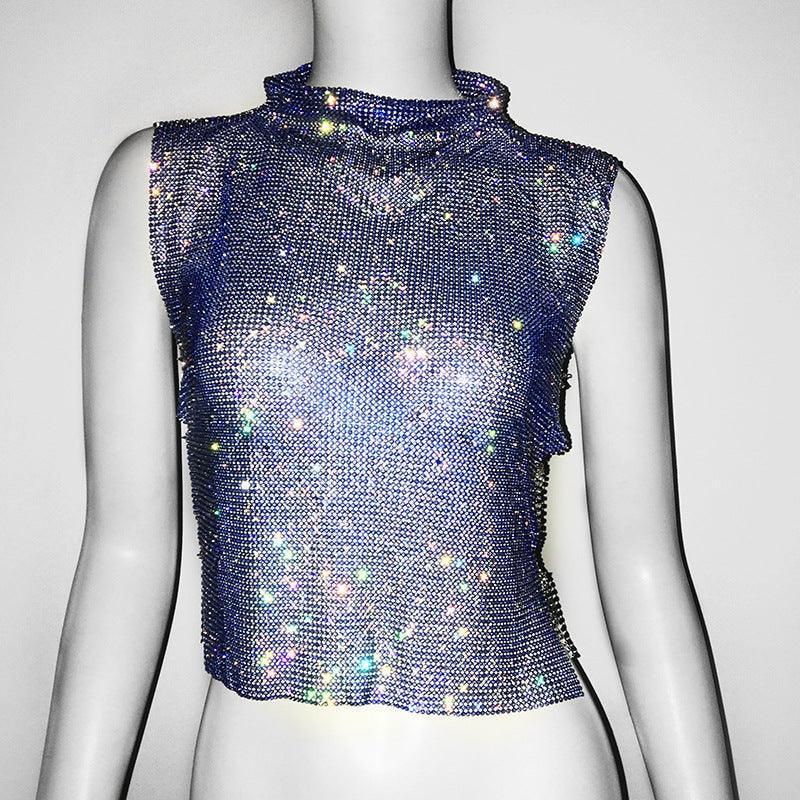Olivia Diamond Vest Luxury Turtleneck Rhinestone Top - Vestir en Moda