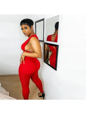 Olivia Sexy Nightclub Pure Color Low Cut Sleeveless Jumpsuits