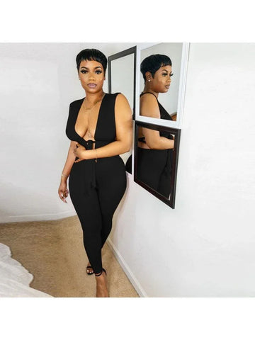 Olivia Sexy Nightclub Pure Color Low Cut Sleeveless Jumpsuits