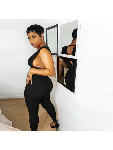 Olivia Sexy Nightclub Pure Color Low Cut Sleeveless Jumpsuits