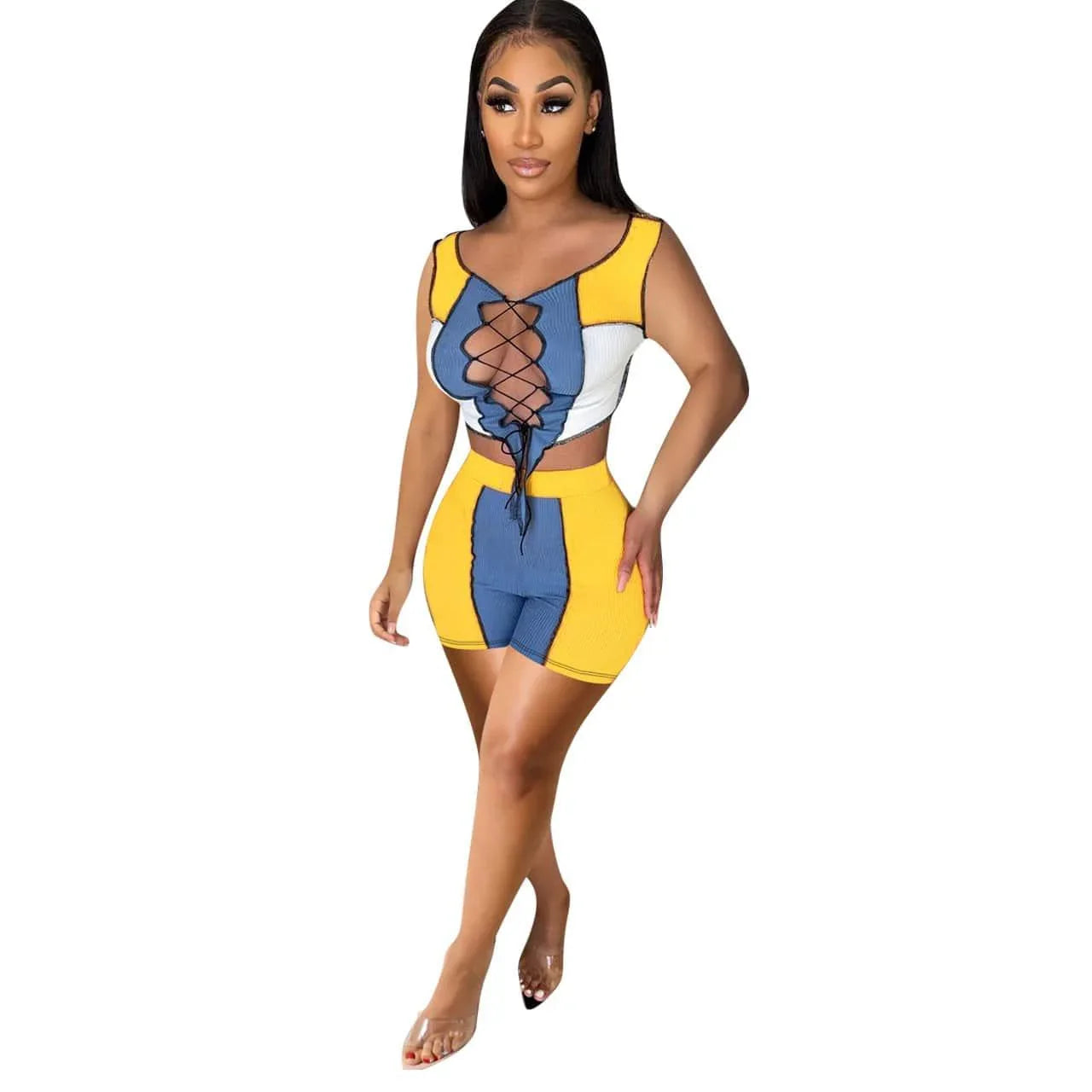 Ophelia Sun Tanning Women Clothing Lace-up Rib Stitching Casual Set - Vestir en Moda