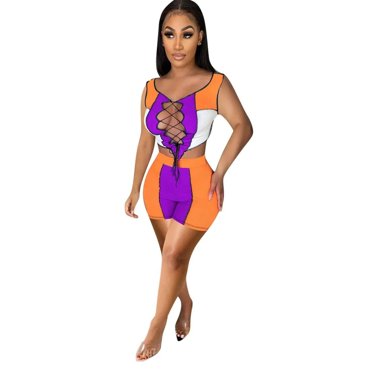 Ophelia Sun Tanning Women Clothing Lace-up Rib Stitching Casual Set - Vestir en Moda