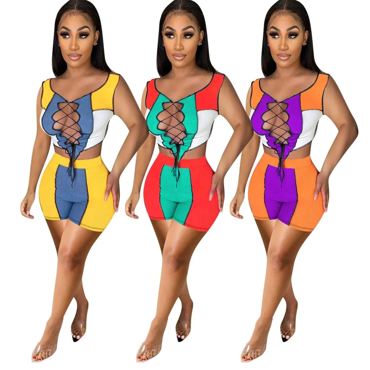 Ophelia Sun Tanning Women Clothing Lace-up Rib Stitching Casual Set - Vestir en Moda