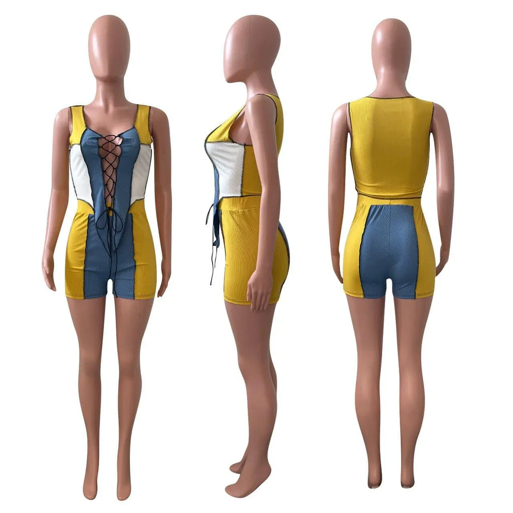 Ophelia Sun Tanning Women Clothing Lace-up Rib Stitching Casual Set - Vestir en Moda