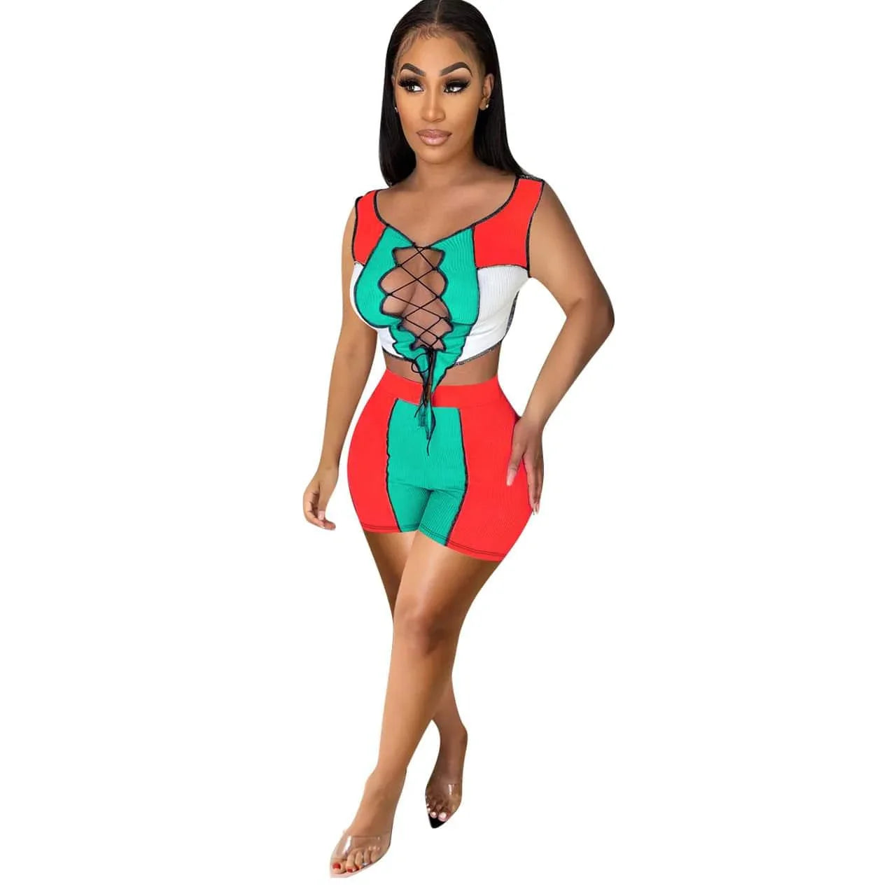 Ophelia Sun Tanning Women Clothing Lace-up Rib Stitching Casual Set - Vestir en Moda