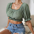 Pamela Solid Color U Collar Lace Puff Sleeve Short Top - Vestir en Moda