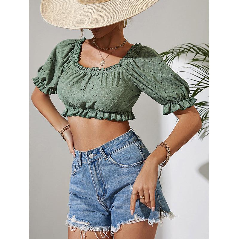 Pamela Solid Color U Collar Lace Puff Sleeve Short Top - Vestir en Moda