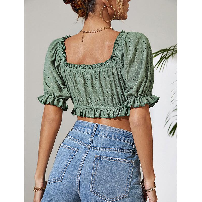 Pamela Solid Color U Collar Lace Puff Sleeve Short Top - Vestir en Moda