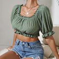 Pamela Solid Color U Collar Lace Puff Sleeve Short Top - Vestir en Moda