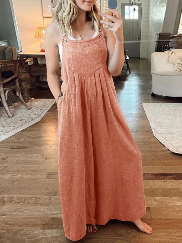Paola Women Solid Color Wide Leg Linen Jumpsuits - Vestir en Moda