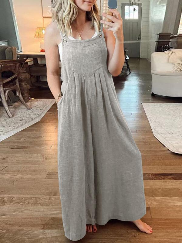 Paola Women Solid Color Wide Leg Linen Jumpsuits - Vestir en Moda