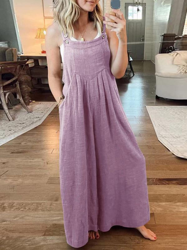 Paola Women Solid Color Wide Leg Linen Jumpsuits - Vestir en Moda