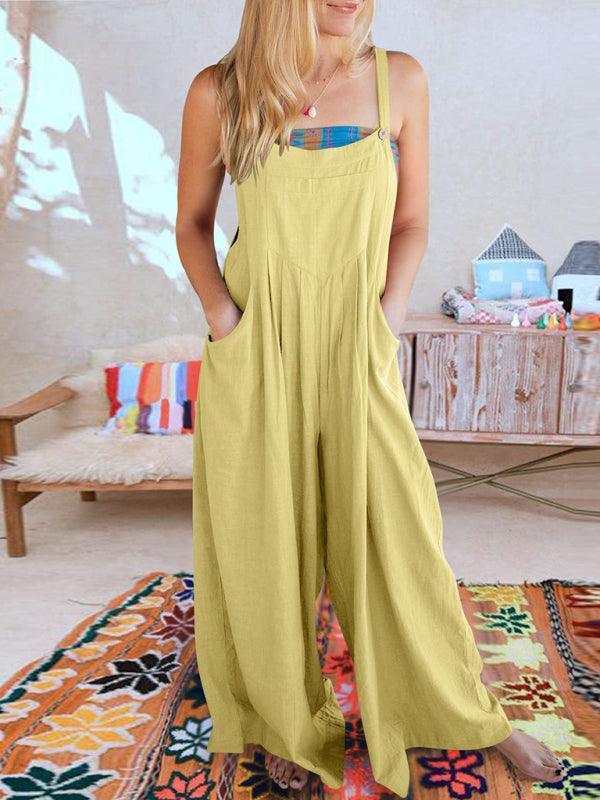 Paola Women Solid Color Wide Leg Linen Jumpsuits - Vestir en Moda