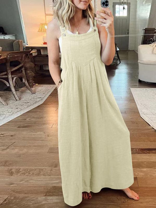 Paola Women Solid Color Wide Leg Linen Jumpsuits - Vestir en Moda
