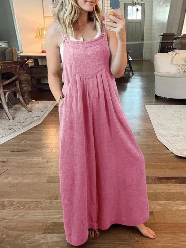 Paola Women Solid Color Wide Leg Linen Jumpsuits - Vestir en Moda