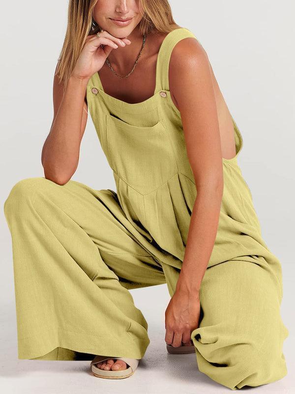 Paola Women Solid Color Wide Leg Linen Jumpsuits - Vestir en Moda
