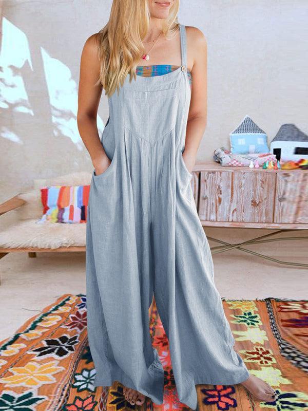 Paola Women Solid Color Wide Leg Linen Jumpsuits - Vestir en Moda