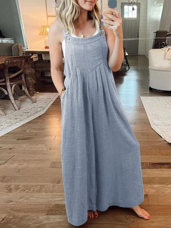 Paola Women Solid Color Wide Leg Linen Jumpsuits - Vestir en Moda