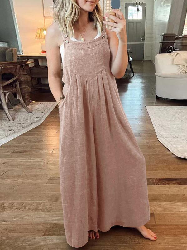 Paola Women Solid Color Wide Leg Linen Jumpsuits - Vestir en Moda
