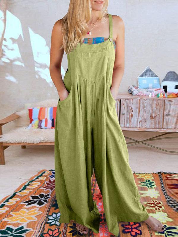 Paola Women Solid Color Wide Leg Linen Jumpsuits - Vestir en Moda
