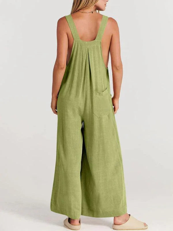 Paola Women Solid Color Wide Leg Linen Jumpsuits - Vestir en Moda