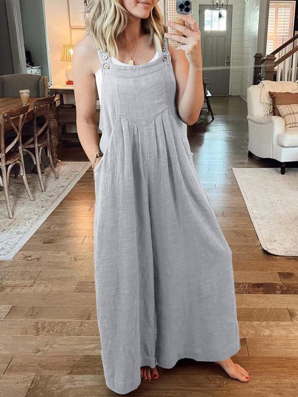 Paola Women Solid Color Wide Leg Linen Jumpsuits - Vestir en Moda