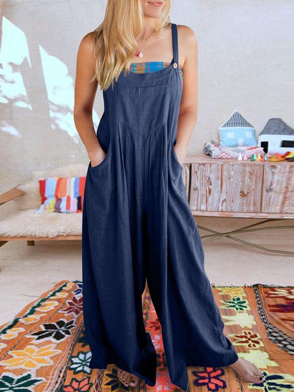 Paola Women Solid Color Wide Leg Linen Jumpsuits - Vestir en Moda