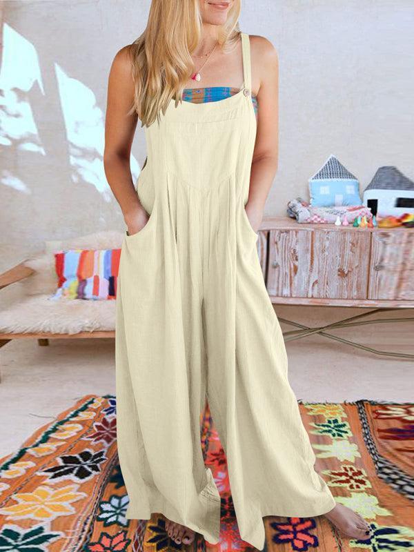 Paola Women Solid Color Wide Leg Linen Jumpsuits - Vestir en Moda