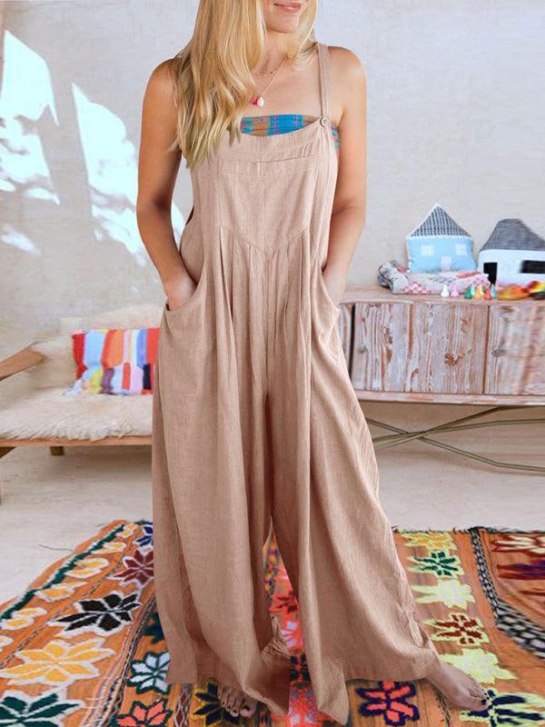 Paola Women Solid Color Wide Leg Linen Jumpsuits - Vestir en Moda