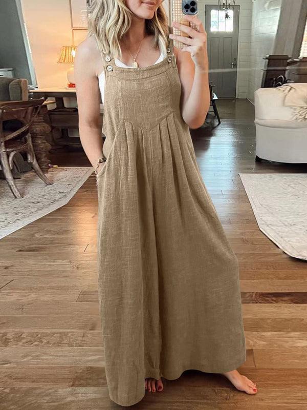 Paola Women Solid Color Wide Leg Linen Jumpsuits - Vestir en Moda