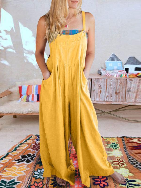 Paola Women Solid Color Wide Leg Linen Jumpsuits - Vestir en Moda