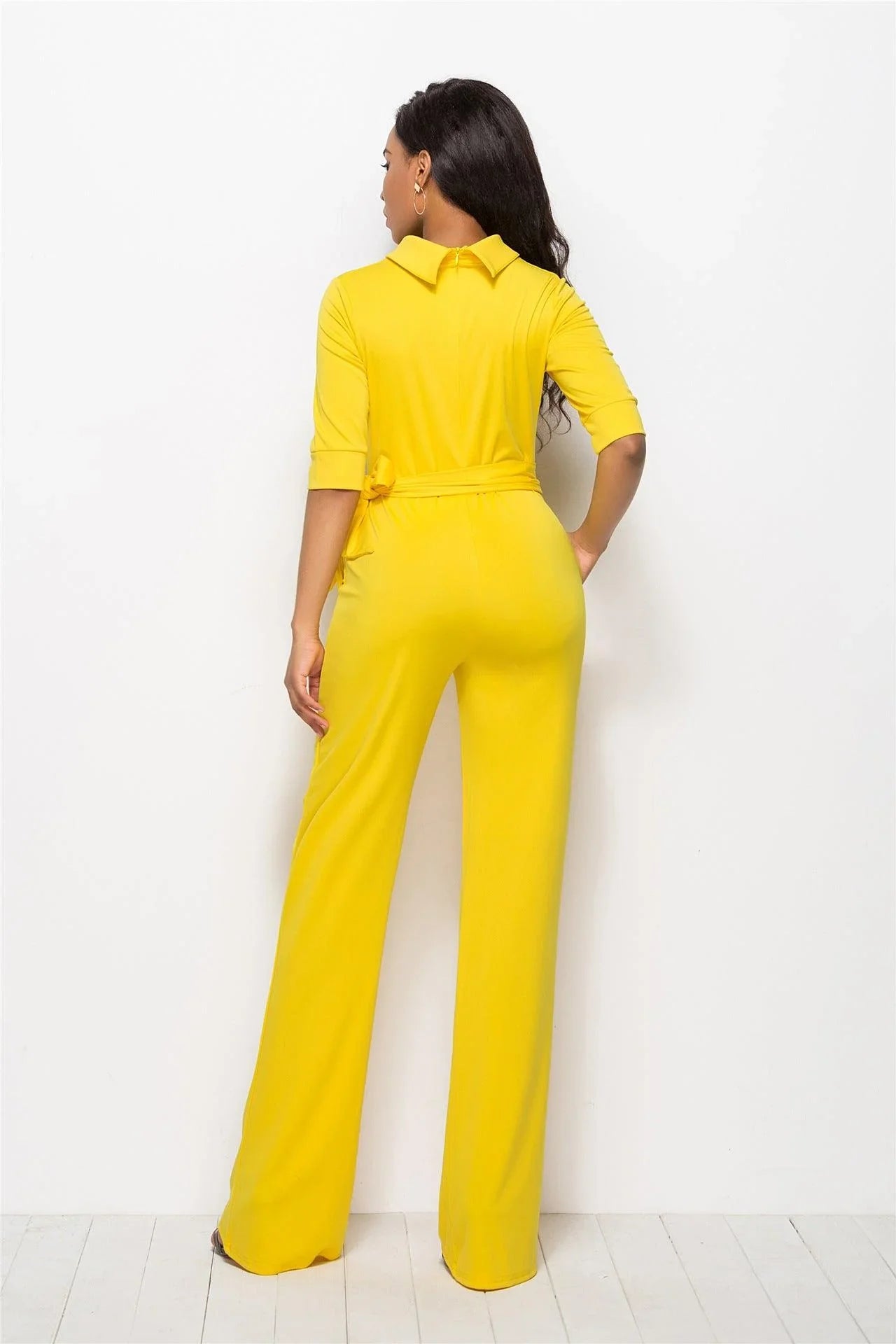 Perla Half Sleeve Stand Collar One-Piece Wide-Leg Jumpsuit - Vestir en Moda