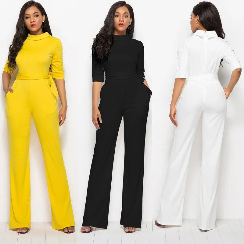 Perla Half Sleeve Stand Collar One-Piece Wide-Leg Jumpsuit - Vestir en Moda