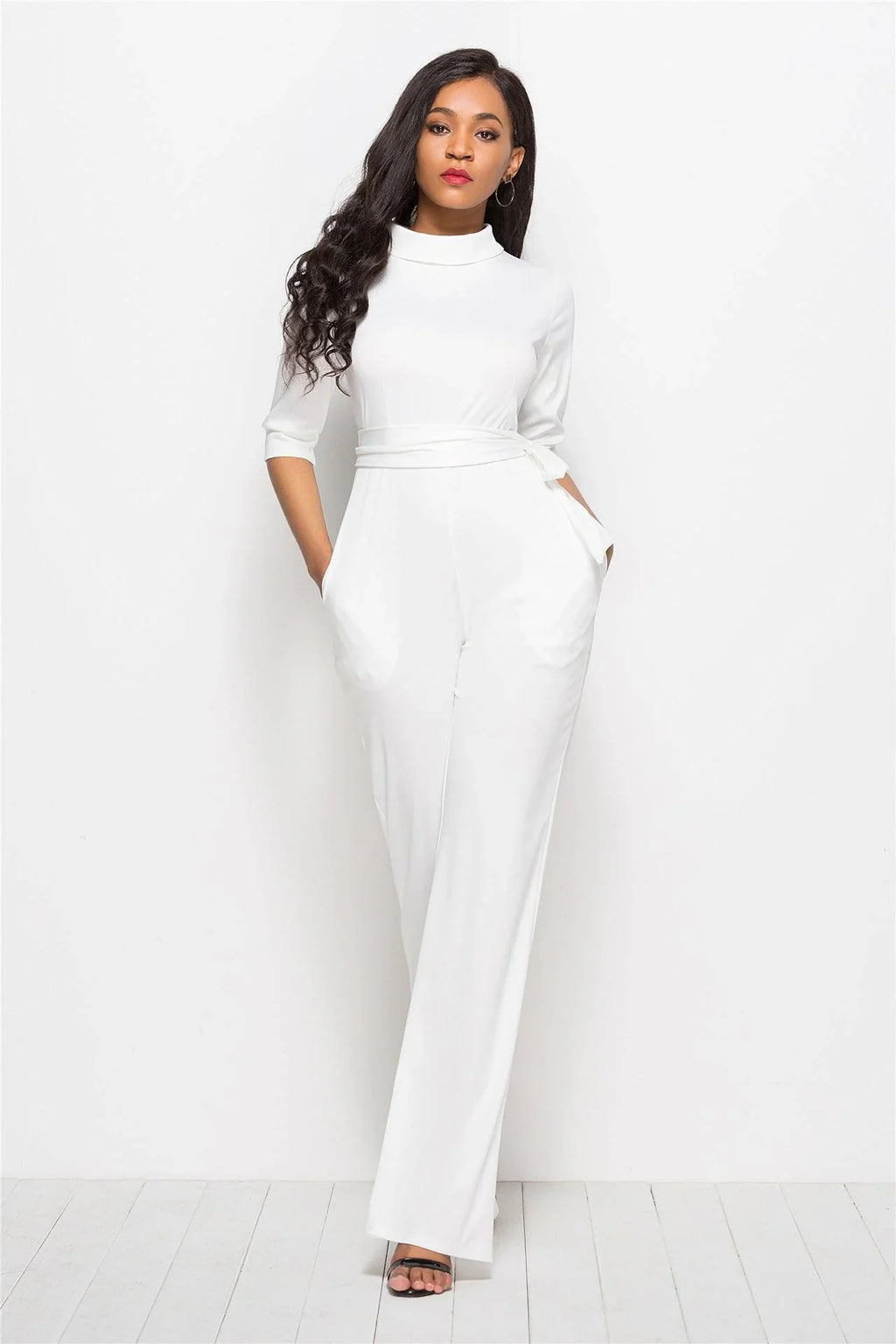 Perla Half Sleeve Stand Collar One-Piece Wide-Leg Jumpsuit - Vestir en Moda