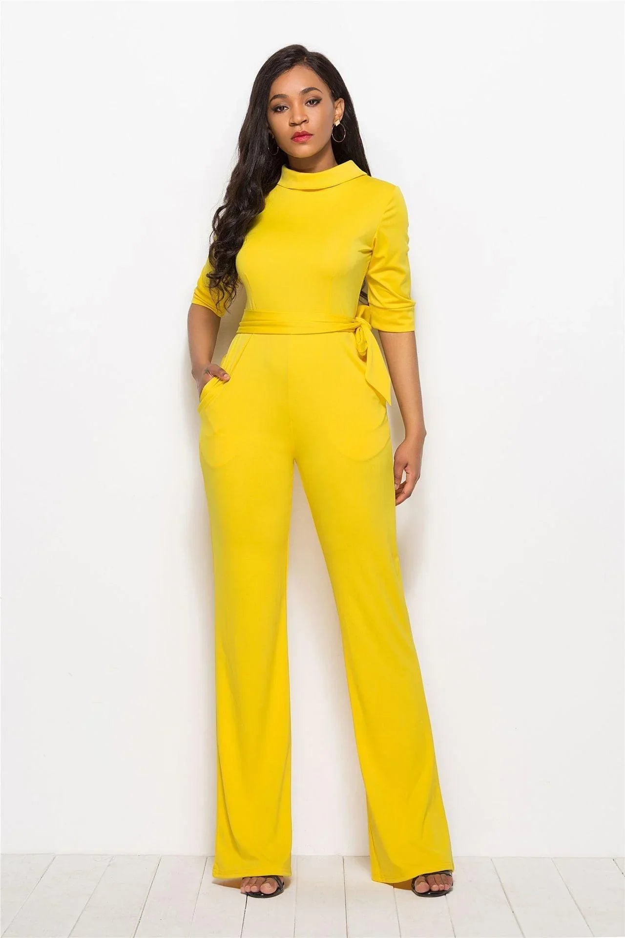 Perla Half Sleeve Stand Collar One-Piece Wide-Leg Jumpsuit - Vestir en Moda